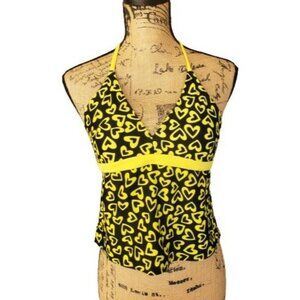 OP Girls 16 1/2 Swim Tankini Halter Yellow Black Heart Print Swimsuit Top